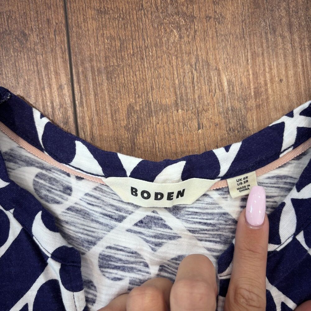 Boden Women's 2R Navy Blue White Midi Dress Geometric Resort Boho V-Neck Classy - Picture 3 of 7